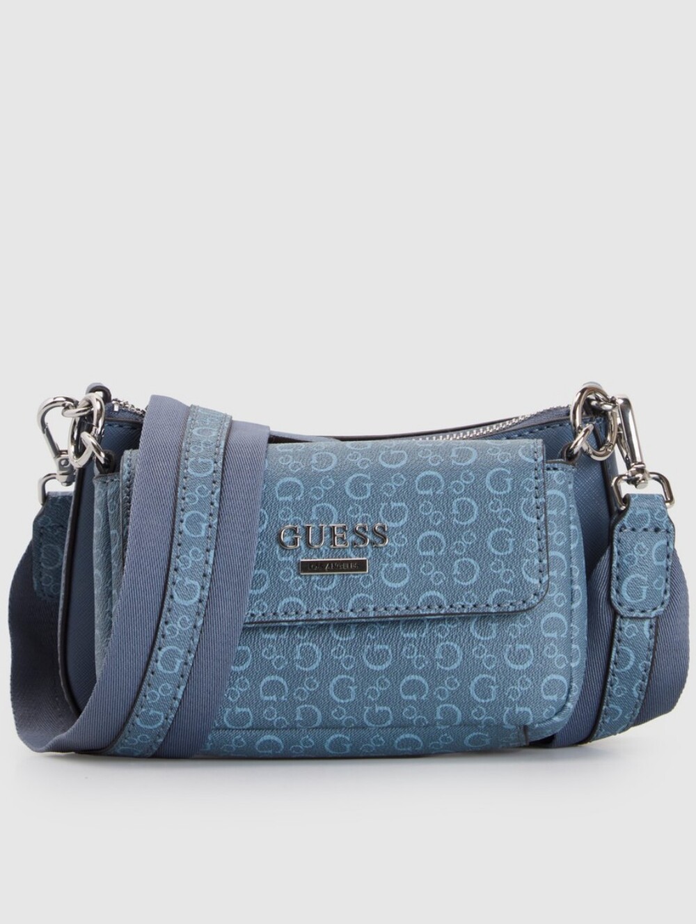 GUESS Light Blue Logo Jacquard Crossbody Bag with Silver Hardware